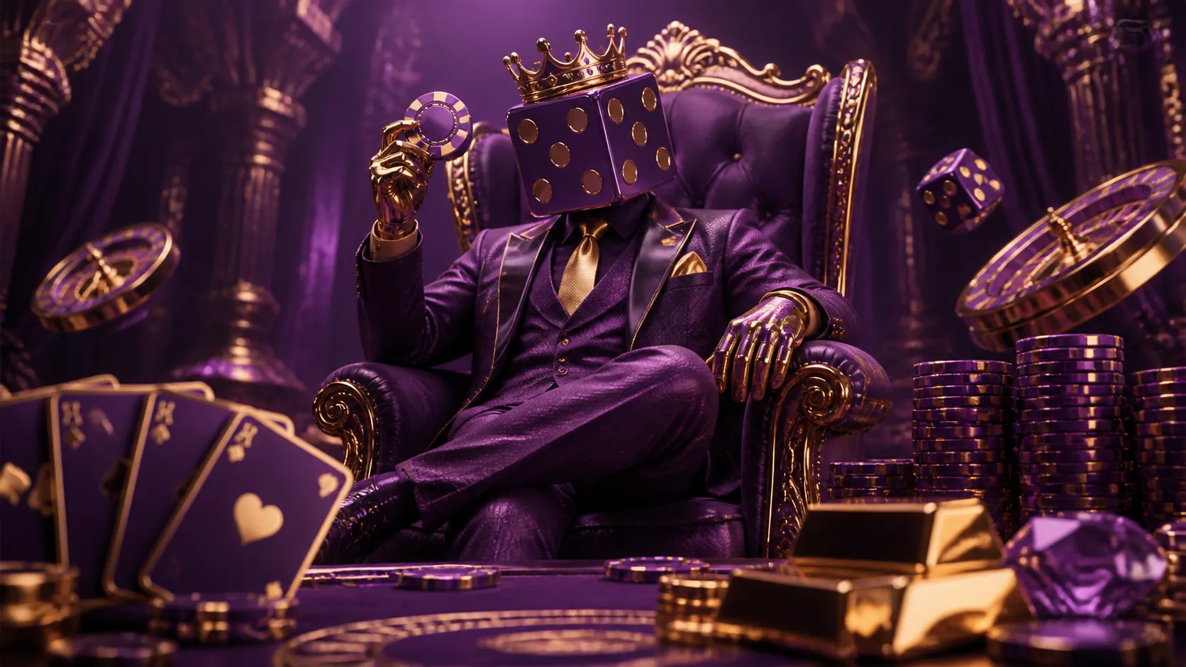 Luxurious casino-themed banner for Casinobossy featuring poker chips and glowing dice.