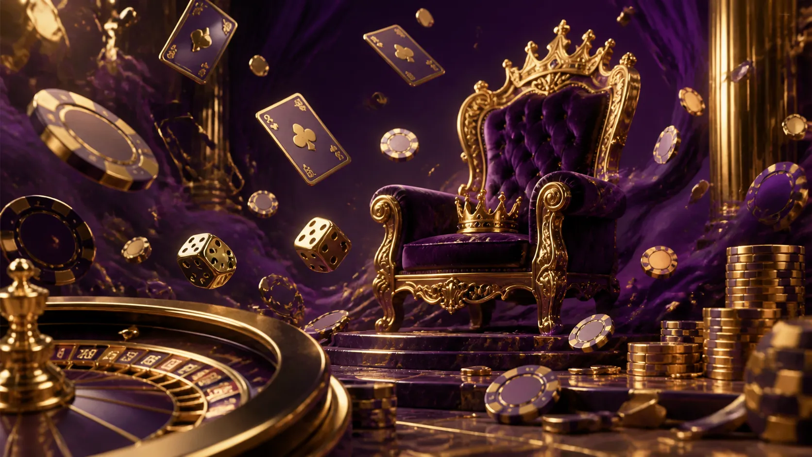 Abstract luxury casino banner with floating poker chips, gold foiled playing cards, and dice in vibrant colors.